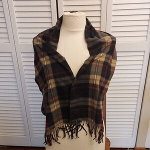 Black Plaid Fringe Scarf with Tan and Red Accents